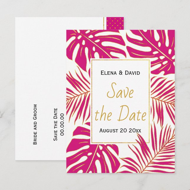 Magenta pink tropical leaves wedding Save the Date Announcement Postcard (Front/Back)