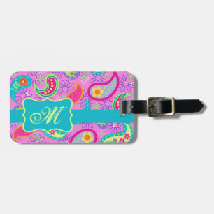 Magenta Pink Turquoise Modern Paisley Monogram Luggage Tag