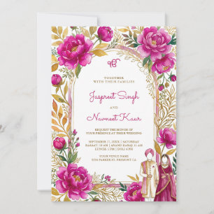 Magenta Pink Watercolor Floral Arch Sikh Wedding Invitation