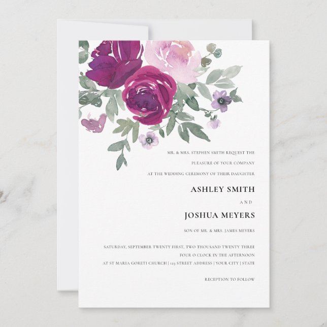 Magenta Pink Watercolor Floral Wedding Invitation (Front)