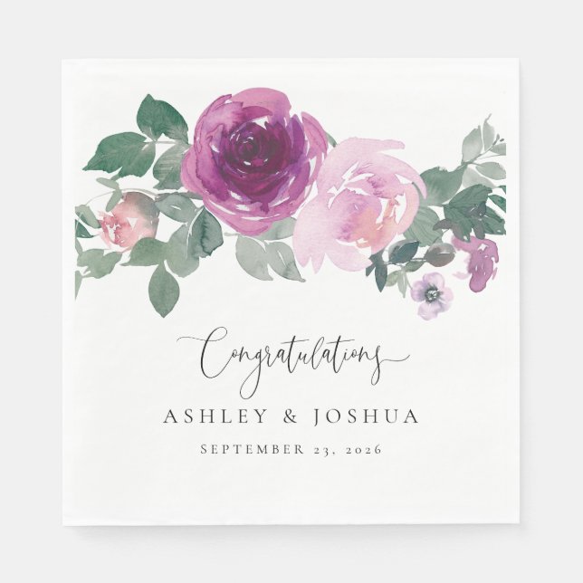 Magenta Pink Watercolor Floral White Wedding Napkin (Front)