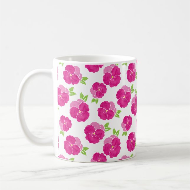 Magenta Pink Watercolor Pansies Coffee Mug (Left)