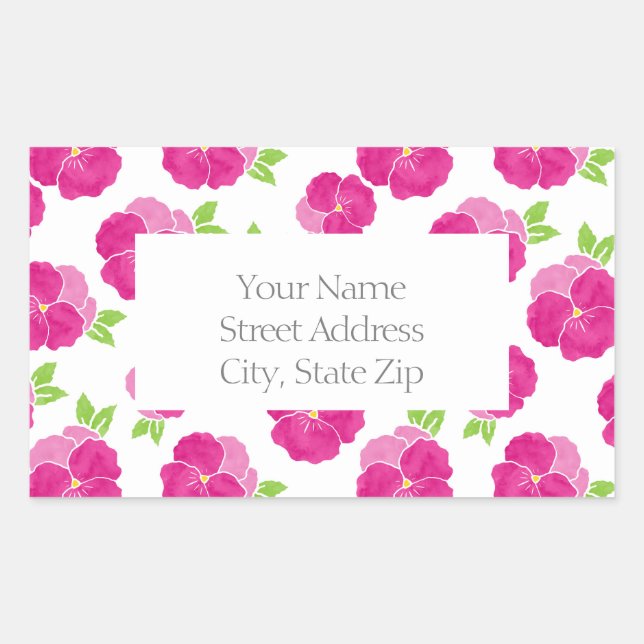 Magenta Pink Watercolor Pansies Rectangular Sticker (Front)