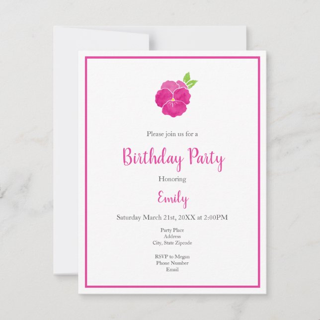 Magenta Pink Watercolor Pansy & Pattern Invitation (Front)