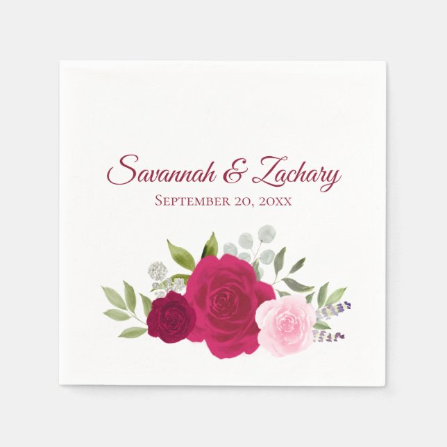 Magenta & Pink Watercolor Roses Boho Chic Wedding Napkin (Front)