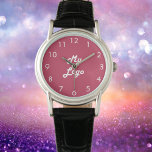 Magenta pink white business logo watch<br><div class="desc">Add your own business logo.  A trendy magneta,  dark pink background.  Perfect for promoting your business and your brand.  White clock face numbers.</div>
