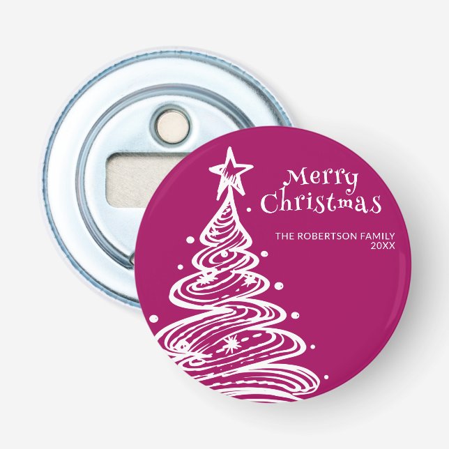 Magenta Pink White Christmas Tree Party Bottle Opener (Front)