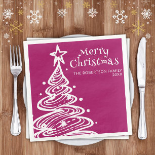 Magenta Pink White Christmas Tree Party Napkin