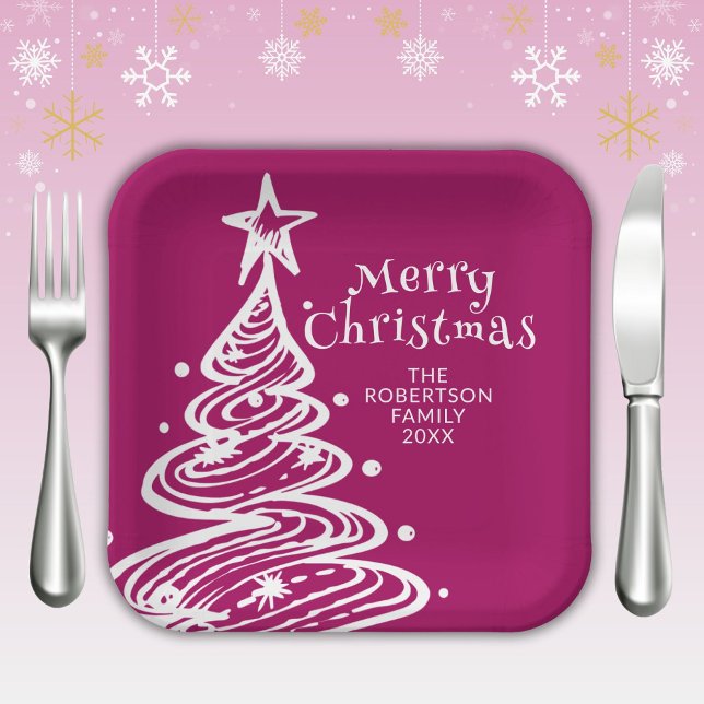 Magenta Pink White Christmas Tree Party Paper Plate (Creator Uploaded)