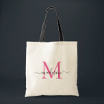 Magenta Pink White Monogram Elegant Script Name Tote Bag<br><div class="desc">Hot Magenta Pink White Monogram Elegant Modern Script Name Tote Bag</div>