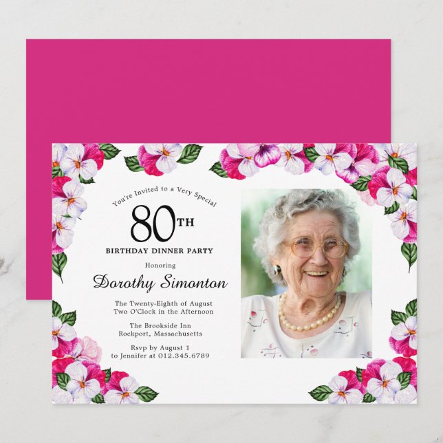Magenta Pink White Photo 80th Birthday Dinner Invitation (Front/Back)