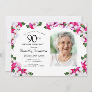 Magenta Pink White Photo 90th Birthday Dinner Invitation
