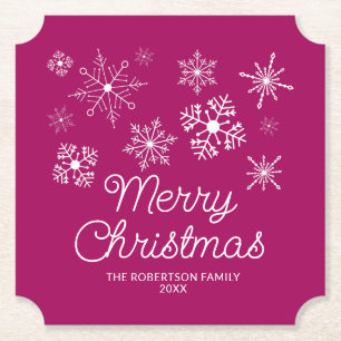 Magenta Pink White Snowflakes Christmas Party Paper Coaster