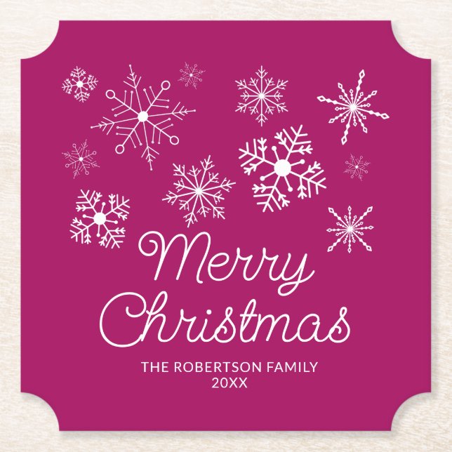 Magenta Pink White Snowflakes Christmas Party Paper Coaster (Front)