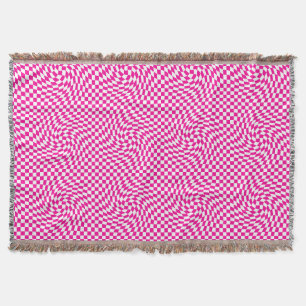 Magenta Pink & White Warped Chic Checkered Pattern Throw Blanket
