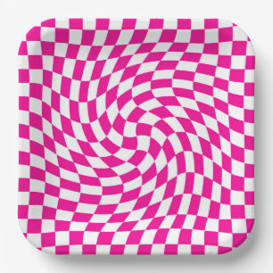 Magenta Pink & White Warped Chic Chequered Pattern Paper Plate