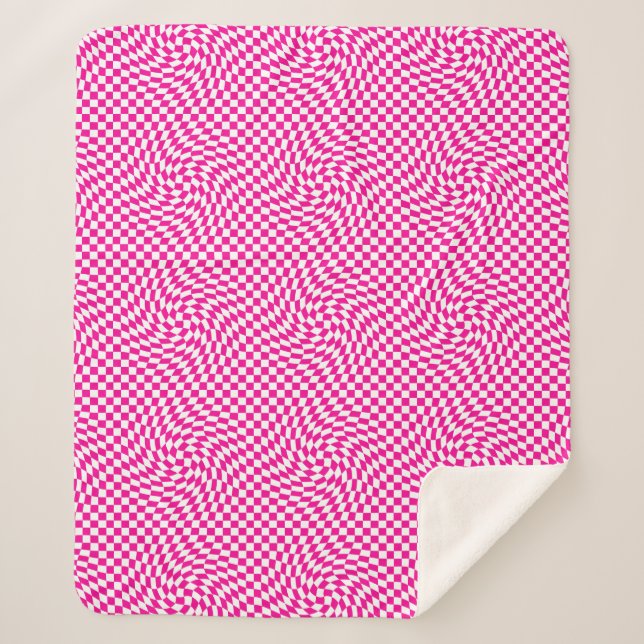 Magenta Pink & White Warped Chic Chequered Pattern Sherpa Blanket (Front)