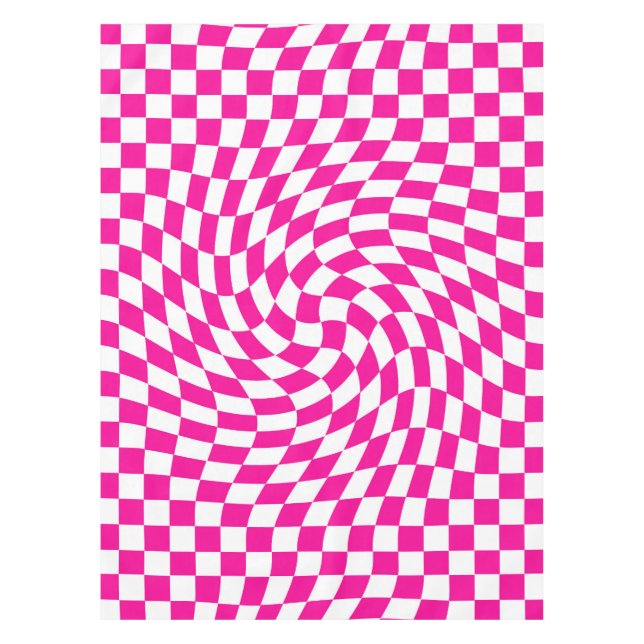 Magenta Pink & White Warped Chic Chequered Pattern Tablecloth (Front)