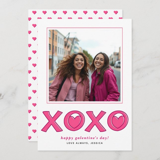 Magenta pink XOXO hearts Galentines Day photo Holiday Card (Front/Back)