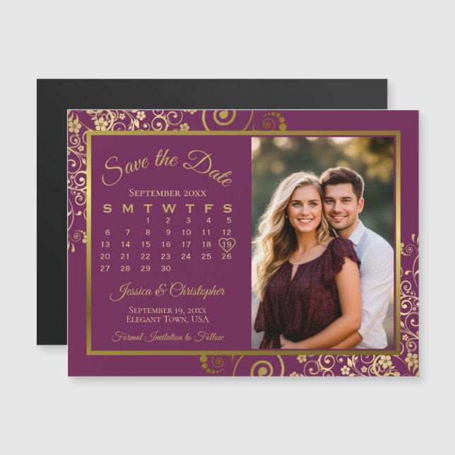 Magenta Plum Gold Calendar Photo Save Date Magnet (Front/Back)