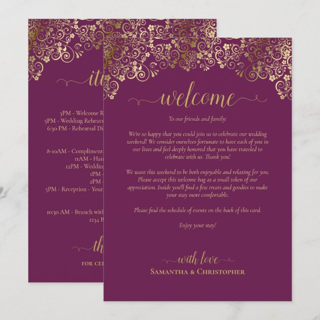 Magenta Plum & Gold Wedding Welcome & Itinerary Programme (Front/Back)