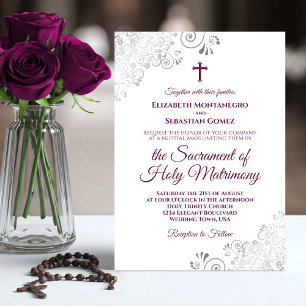 Magenta Plum on White Modern Catholic Wedding Invitation