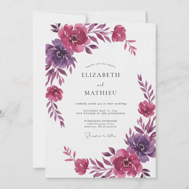 Magenta Plum Ranunculus Eucalyptus Wedding Invitation (Front)