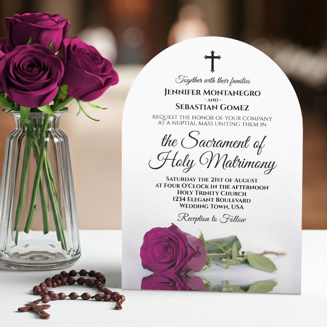 Magenta Plum Rose Elegant Arch Catholic Wedding Invitation (With Arch Cut)
