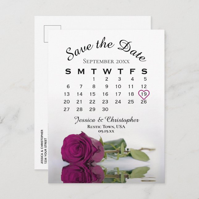 Magenta Plum Rose Wedding Calendar Save the Date Announcement Postcard (Front/Back)