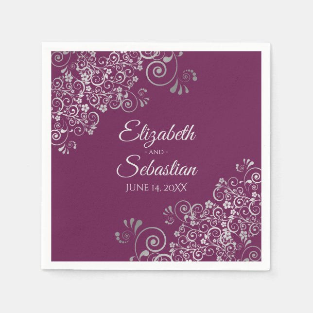 Magenta Plum & Silver Elegant Wedding Napkin (Front)