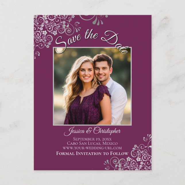 Magenta Plum & Silver Wedding Save the Date Photo Announcement Postcard (Front)