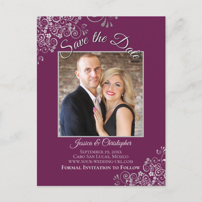 Magenta Plum & Silver Wedding Save the Date Photo Announcement Postcard (Front)