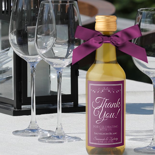 Magenta Plum & Silver Wedding Thank You Mini  Wine Label (Creator Uploaded)