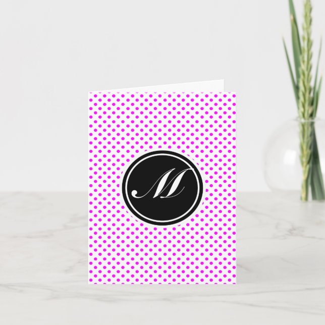 Magenta Polka Dot and Monogram Note Card (Front)