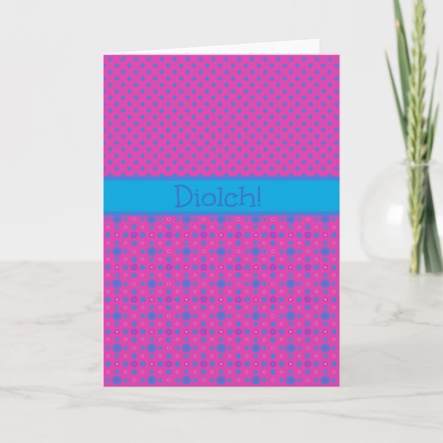 Magenta Polka Dots Thank You Card: Welsh Greeting (Front)