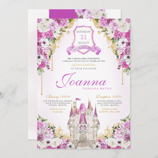 Magenta Princess Castle Royal Quinceanera Invitation (Front/Back)