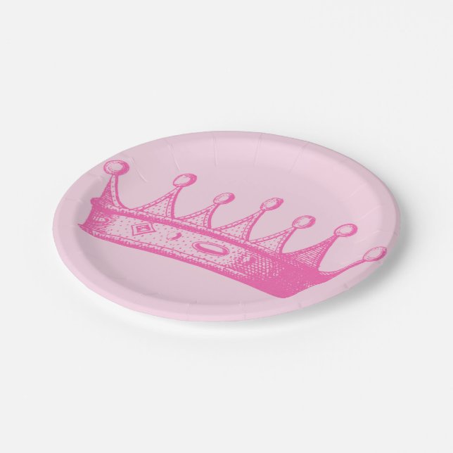 Magenta Princess Crown on Pink Background Paper Plate (Angled)