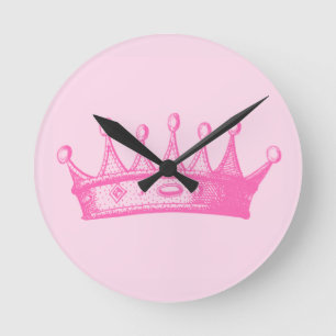 Magenta Princess Crown on Pink Background Round Clock