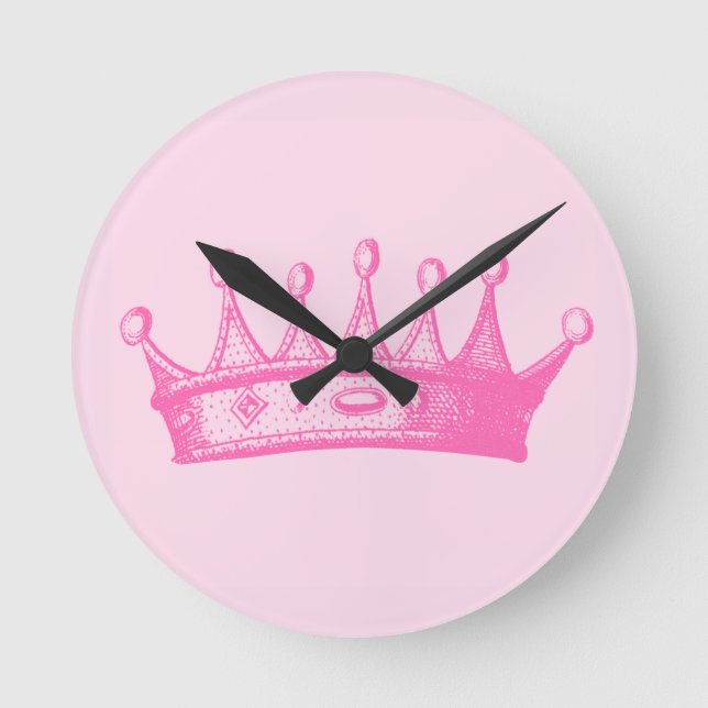Magenta Princess Crown on Pink Background Round Clock (Front)