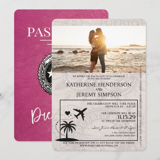 Magenta Puerto Rico Passport Wedding Invitation (Front/Back)