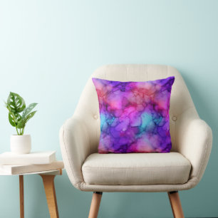 Magenta Purple and Teal Watercolor Marble Cushion