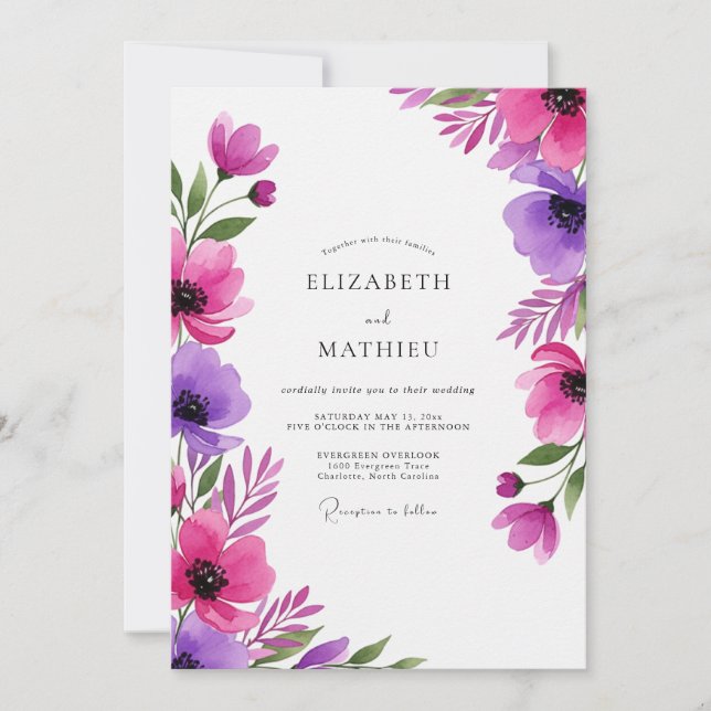 Magenta Purple Artistic Bloom Wedding Invitation (Front)