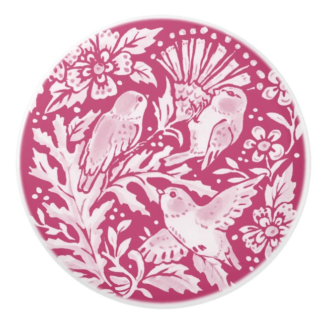 Magenta Purple Bird Floral Thistle Woodland Pretty Ceramic Knob (Front)