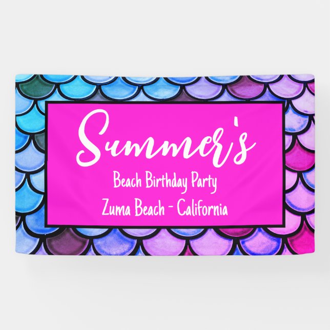 Magenta Purple Blue Mermaid Scales Beach Birthday Banner (Horizontal)