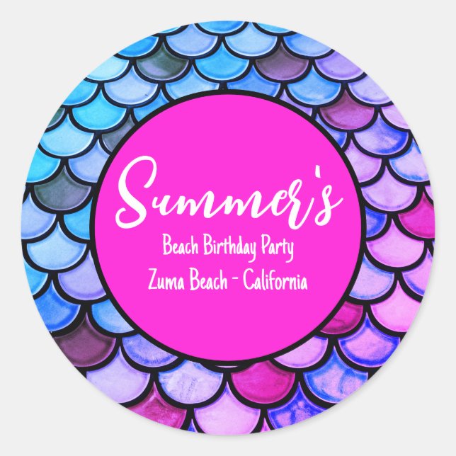 Magenta Purple Blue Mermaid Scales Beach Birthday Classic Round Sticker (Front)