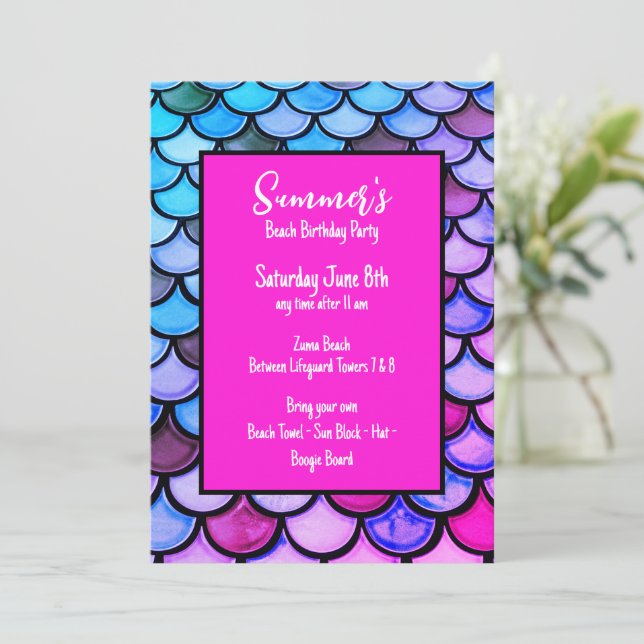 Magenta Purple Blue Mermaid Scales Beach Birthday Invitation (Standing Front)