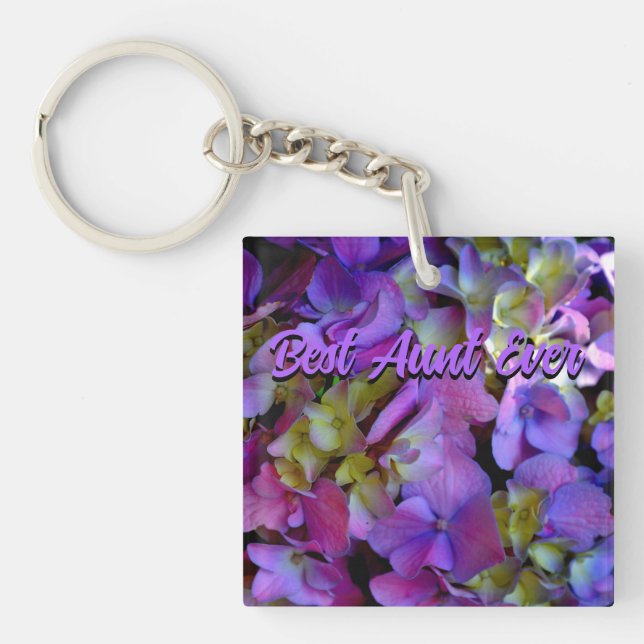 Magenta Purple blue yellow Hydrangeas flowers Aunt Key Ring (Front)