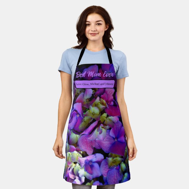 Magenta Purple blue yellow Hydrangeas flowers, mum Apron (Worn)