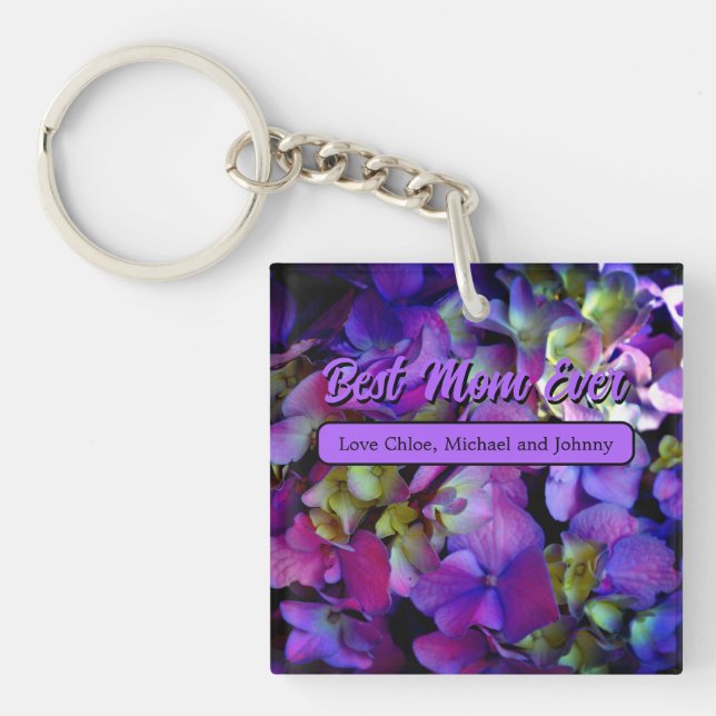Magenta Purple blue yellow Hydrangeas flowers, mum Key Ring (Front)
