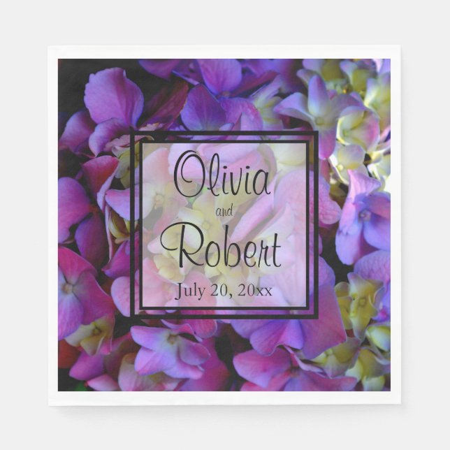 Magenta Purple blue yellow Hydrangeas flowers Napkin (Front)